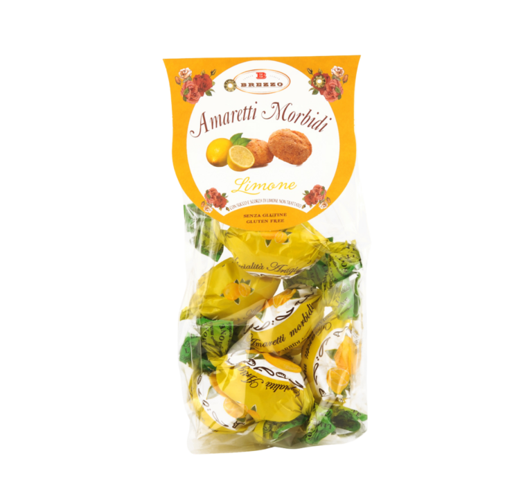 Clear plastic bag containing lemon-flavored amaretti cookies, individually wrapped in yellow wrappers, with an orange label featuring lemons and flowers at the top.
