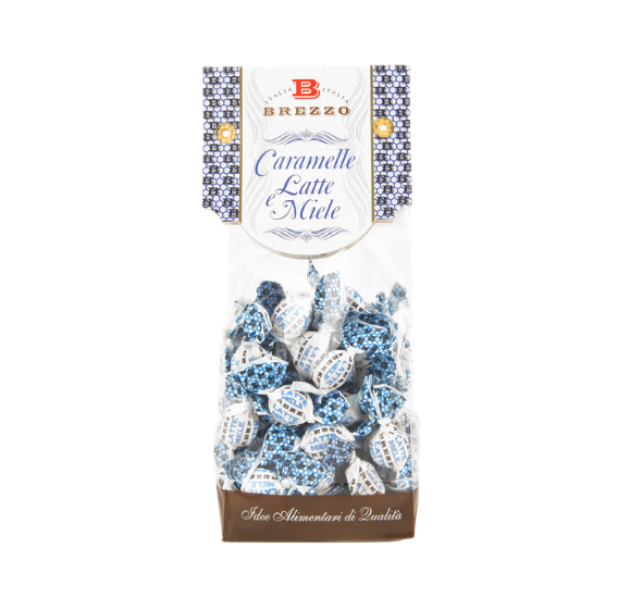 Tall bag of Brezzo Caramelle Latte e Niele candies with blue and white foil-wrapped chocolates visible through the package.
