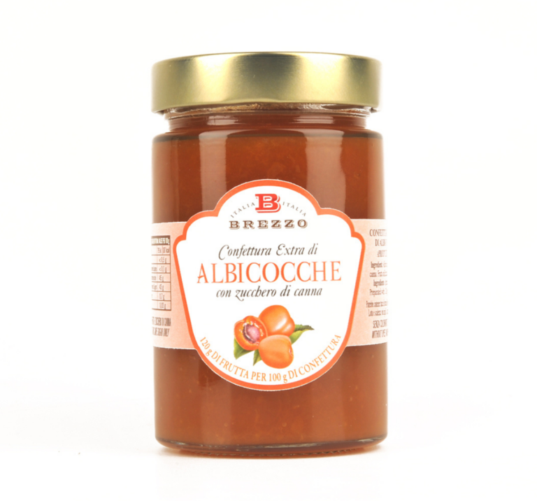 Jar of Italian apricot jam with a gold lid, label reads 'Confettura Extra di Albicocche' and shows apricot image on the front.