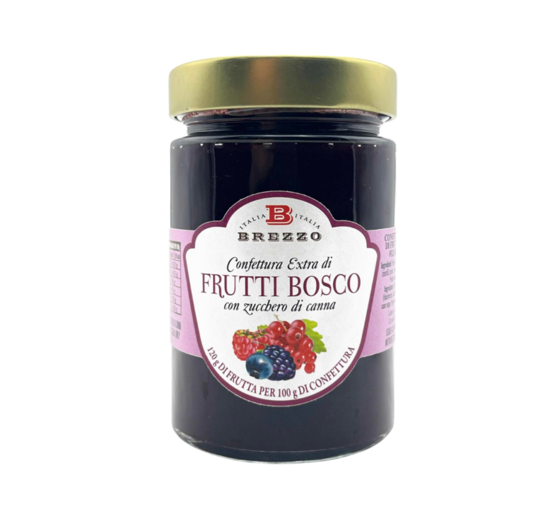 Glass jar of Frutti Bosco berry jam with a white and pink label and a gold lid, dark jar body behind.”