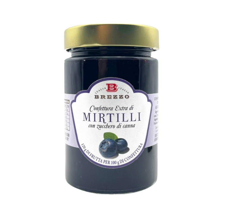 Jar of Brezzo blueberry jam (Confettura Extra di Mirtilli) with a gold lid and white label showing blueberries.