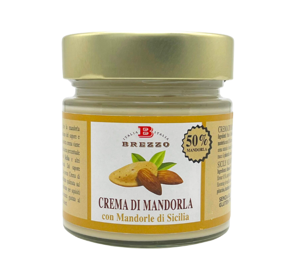 Jar of Brezzo Crema di Mandorla almond cream with 50% almonds, Sicilia origin, gold lid on white background
