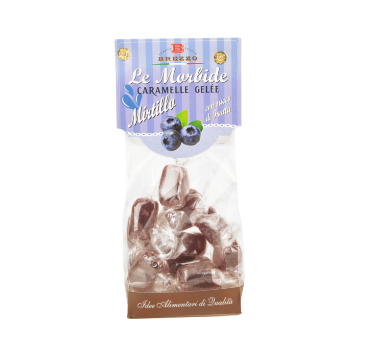 Bag of blueberry jelly candies in a clear plastic pouch with a blue label reading Le Morbide Caramelle Gelée Mirtillo (Brezzo)