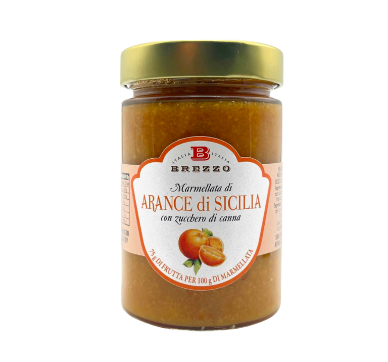 Jar of Brezzo Arance di Sicilia orange marmalade with a white label and gold lid.