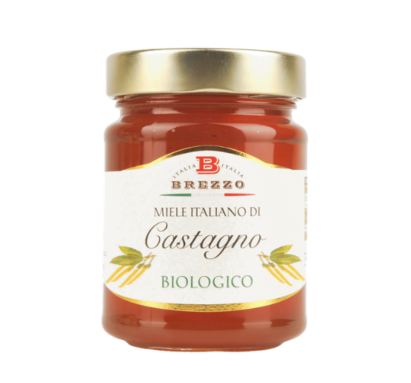 Jar of Brezzo Miele Italiano di Castagno Biologico chestnut honey with gold lid and white label.